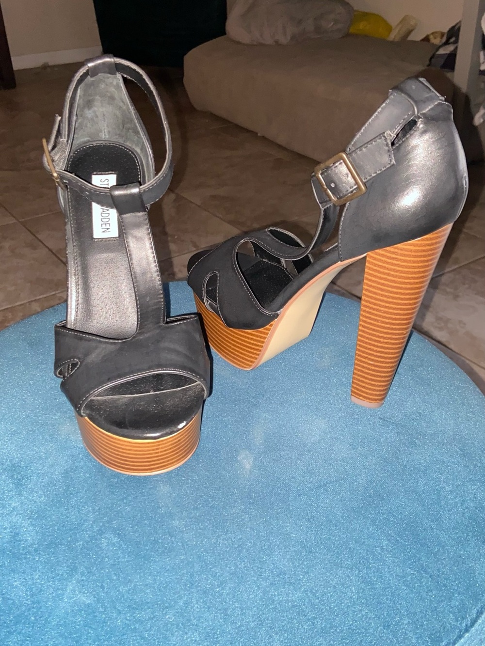 Steve Madden Black and Tan Platform Ankle-Strap Heels